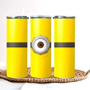 Minion inspired tumbler with lid and straw.